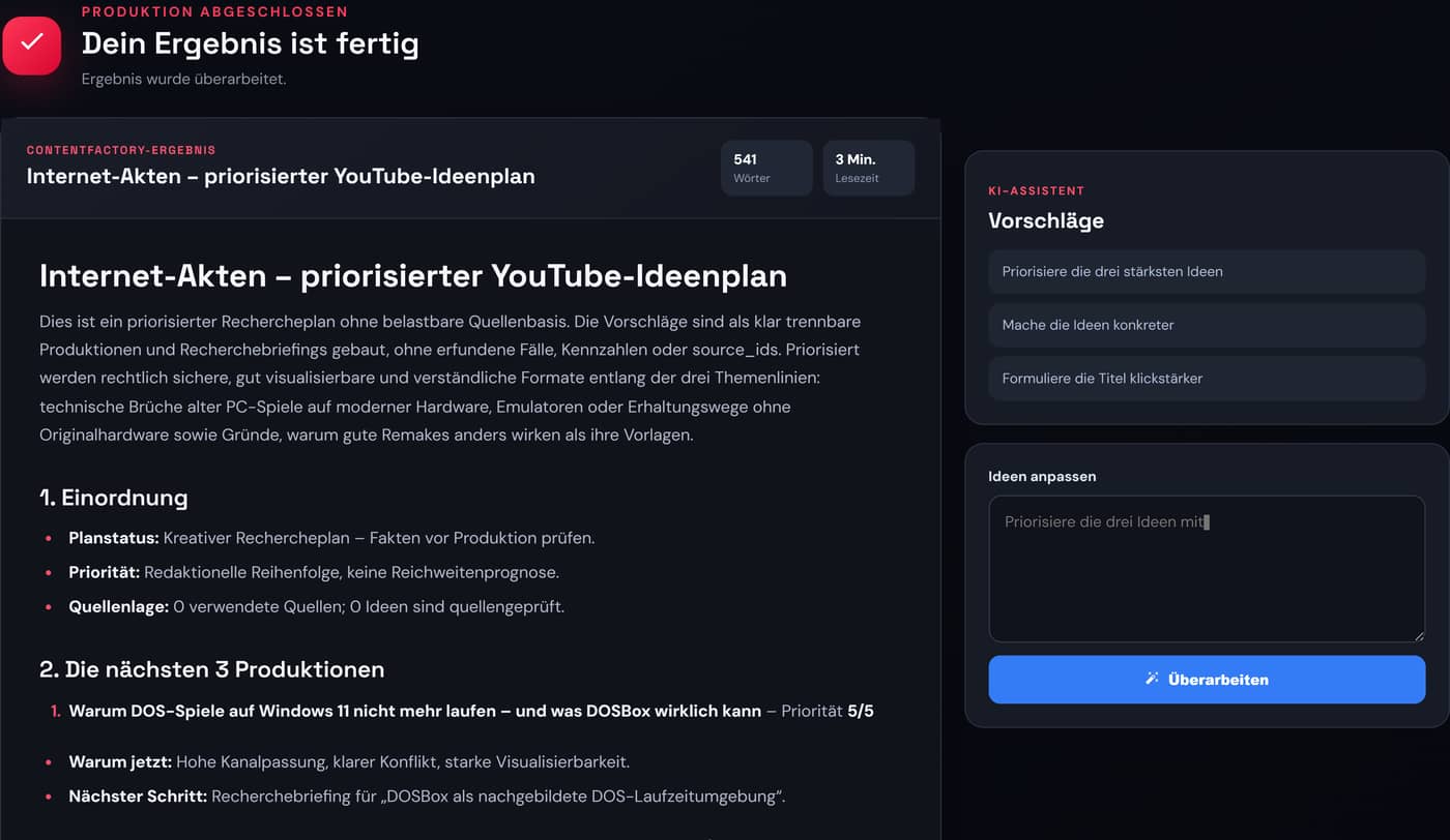 Fertiger Ideenplan im Workspace mit priorisierten Videoideen, Begründung und nächstem Schritt