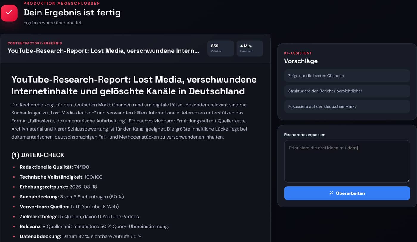 Fertiger Recherche-Report im Workspace mit Datencheck, Qualitätsbewertung und den drei stärksten Themenchancen